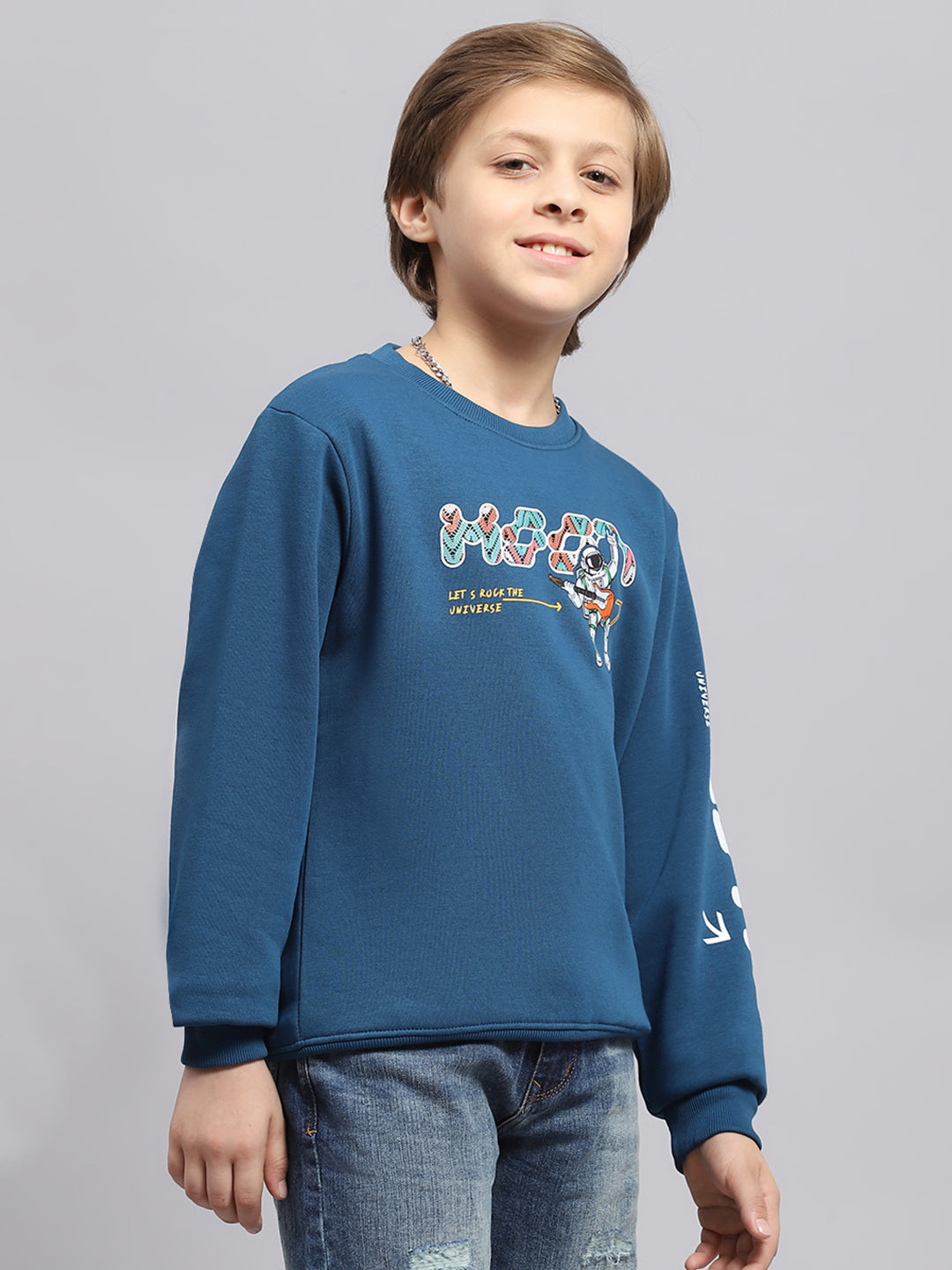 Boys Blue Printed Round Neck Full Sleeve Sweatshirt