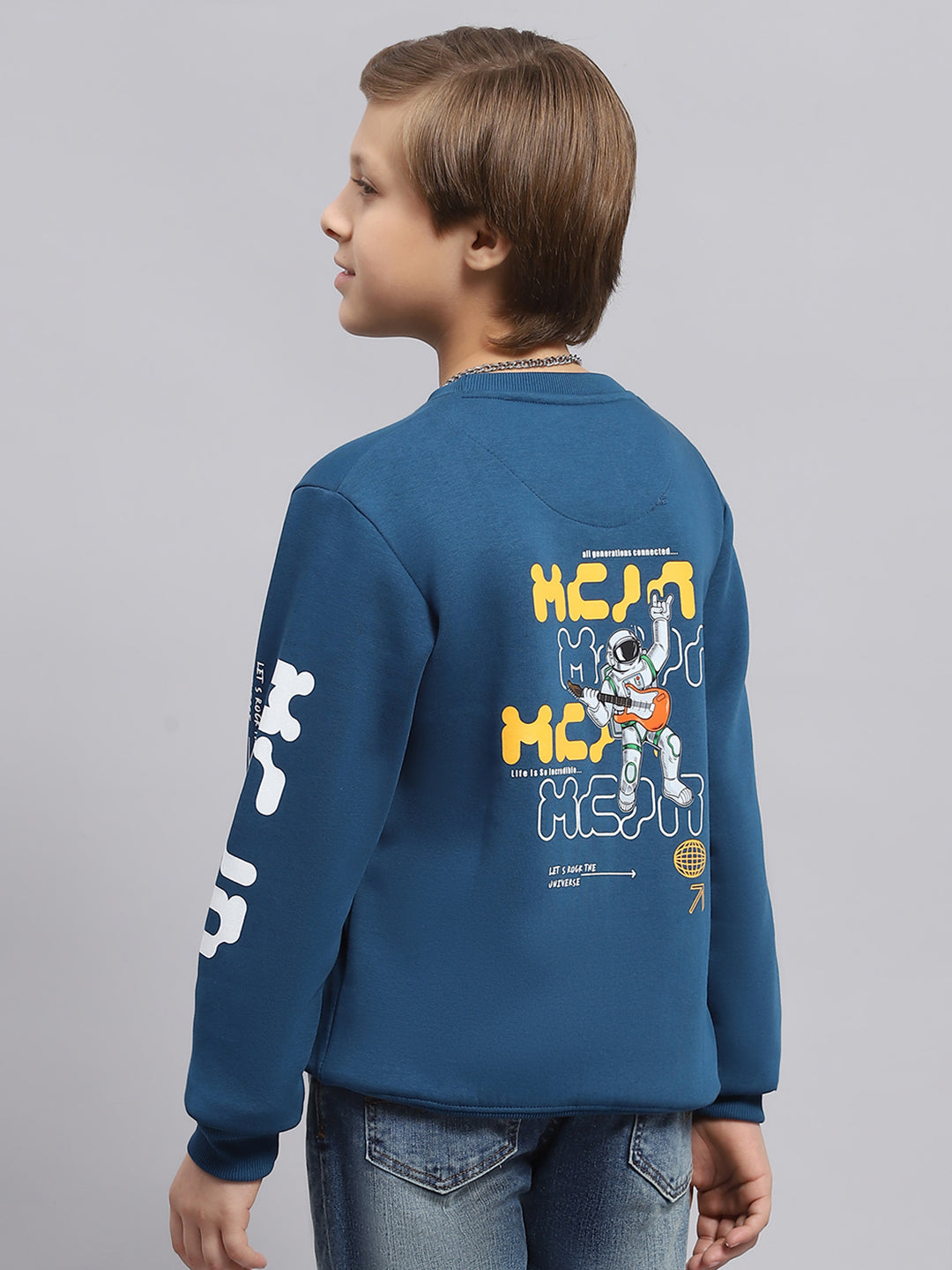 Boys Blue Printed Round Neck Full Sleeve Sweatshirt