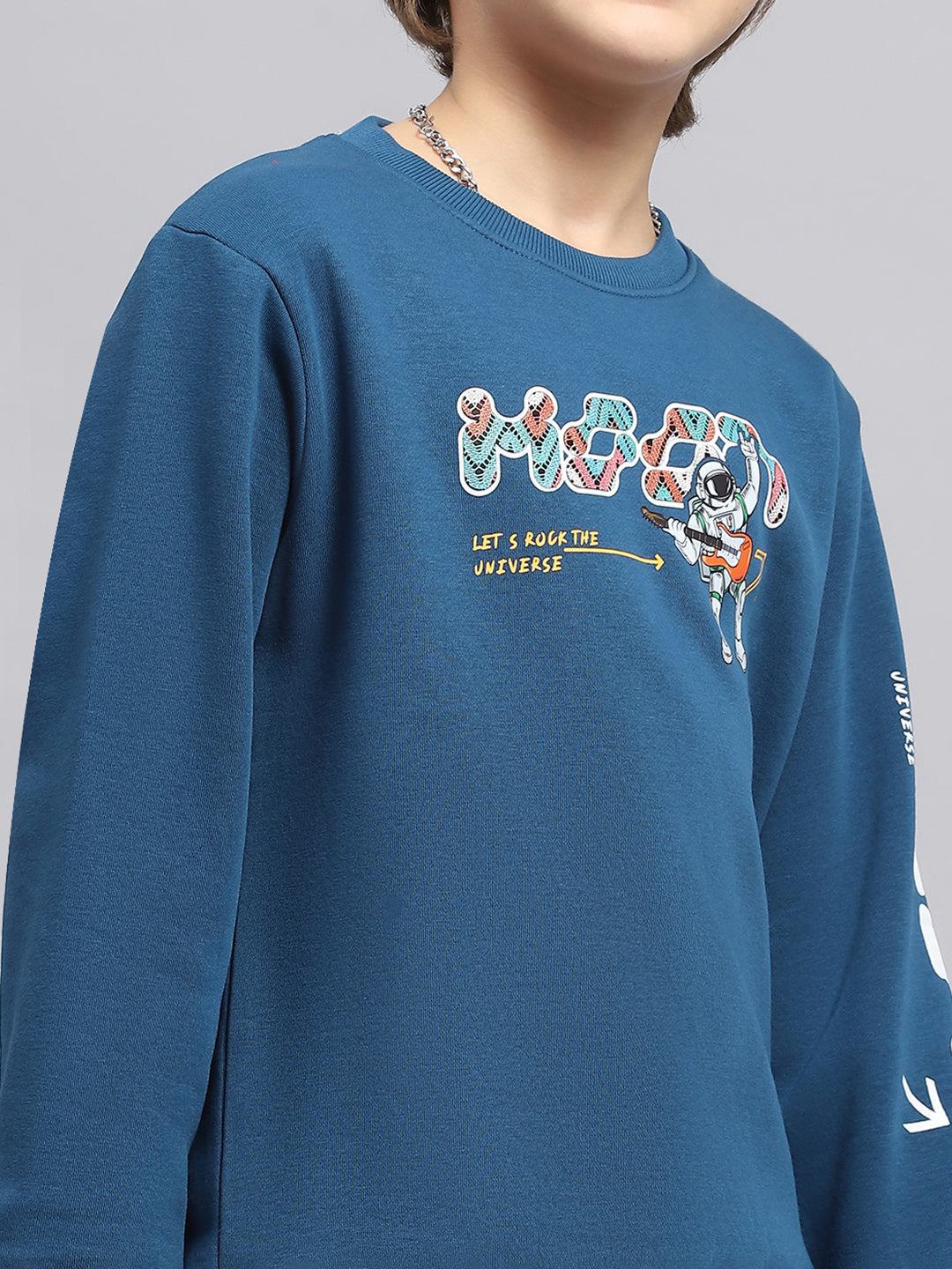 Boys Blue Printed Round Neck Full Sleeve Sweatshirt