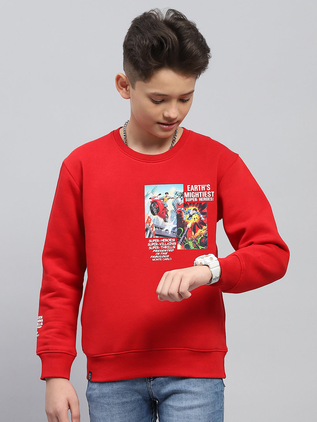 Boys Red Printed Round Neck Full Sleeve Sweatshirt