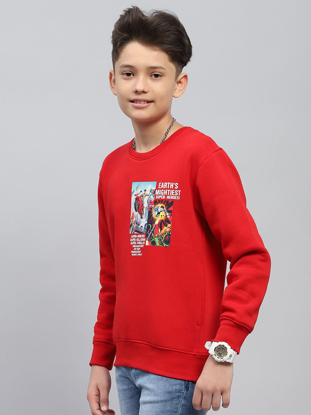 Boys Red Printed Round Neck Full Sleeve Sweatshirt