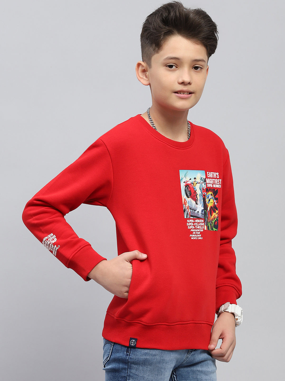 Boys Red Printed Round Neck Full Sleeve Sweatshirt