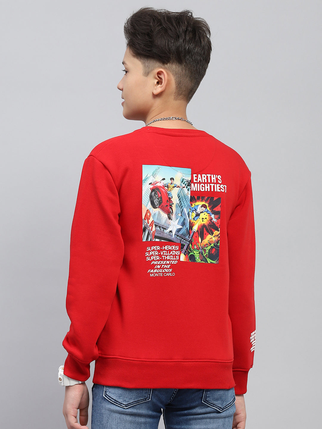 Boys Red Printed Round Neck Full Sleeve Sweatshirt