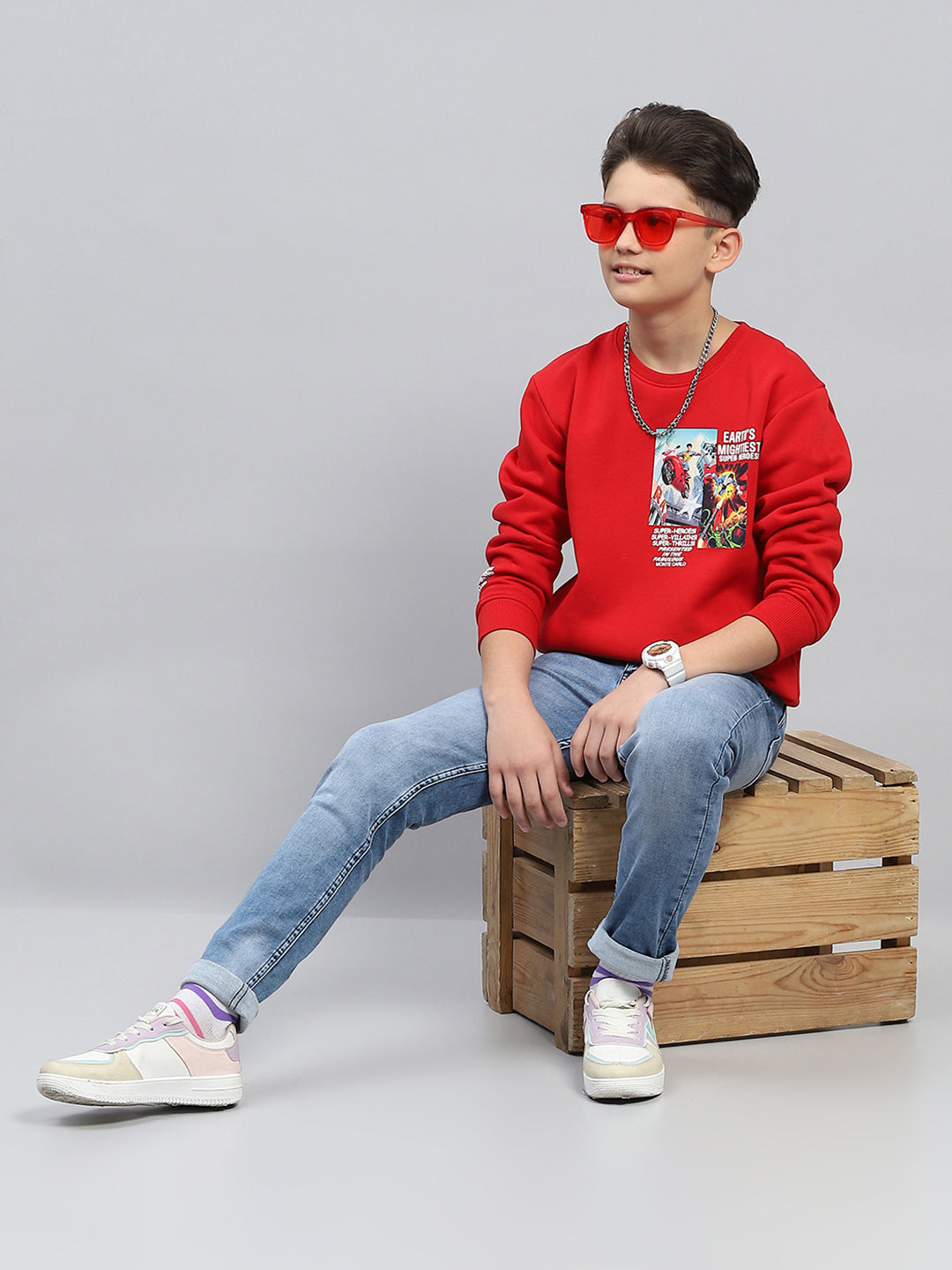 Boys Red Printed Round Neck Full Sleeve Sweatshirt