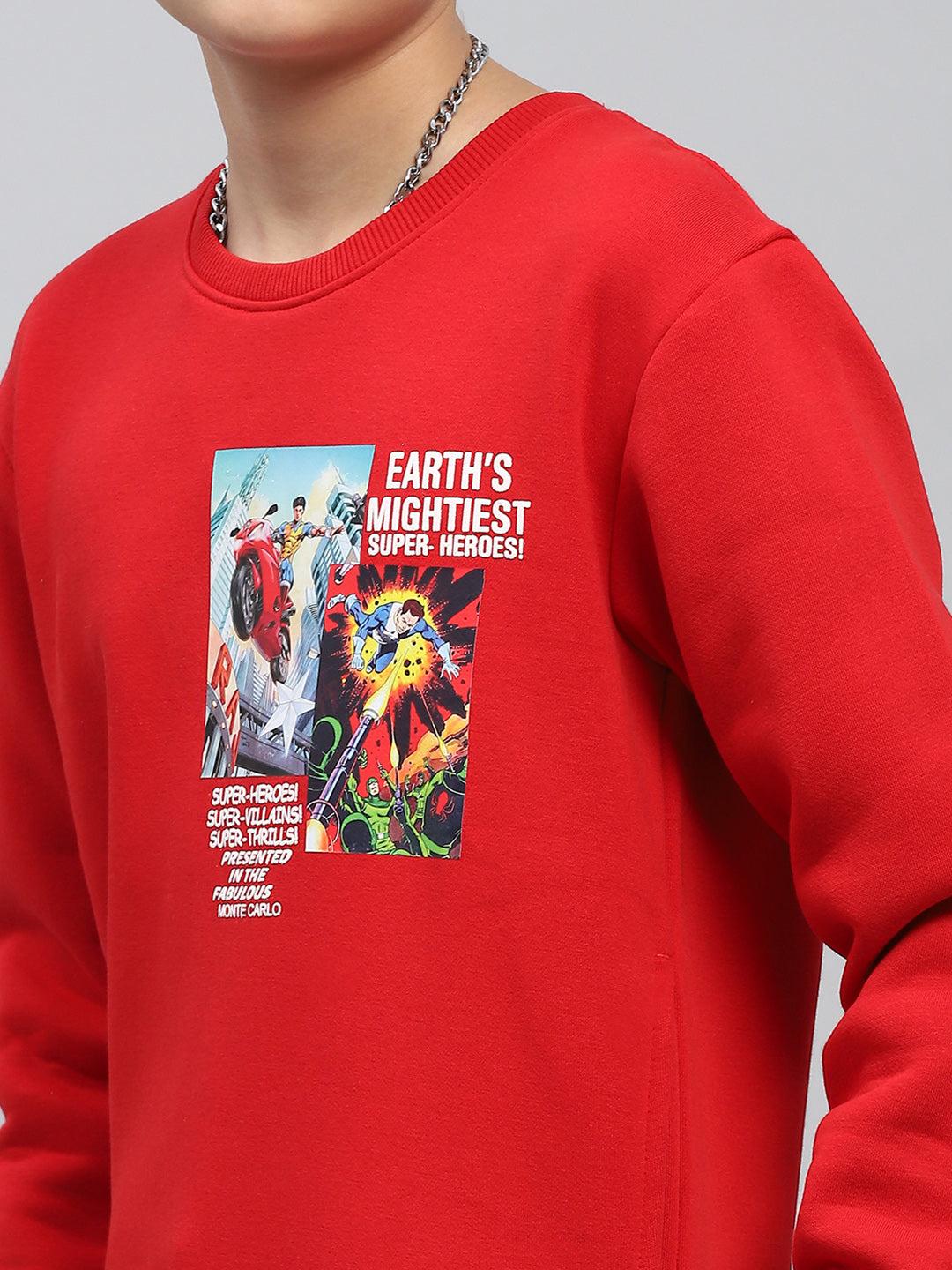 Boys Red Printed Round Neck Full Sleeve Sweatshirt