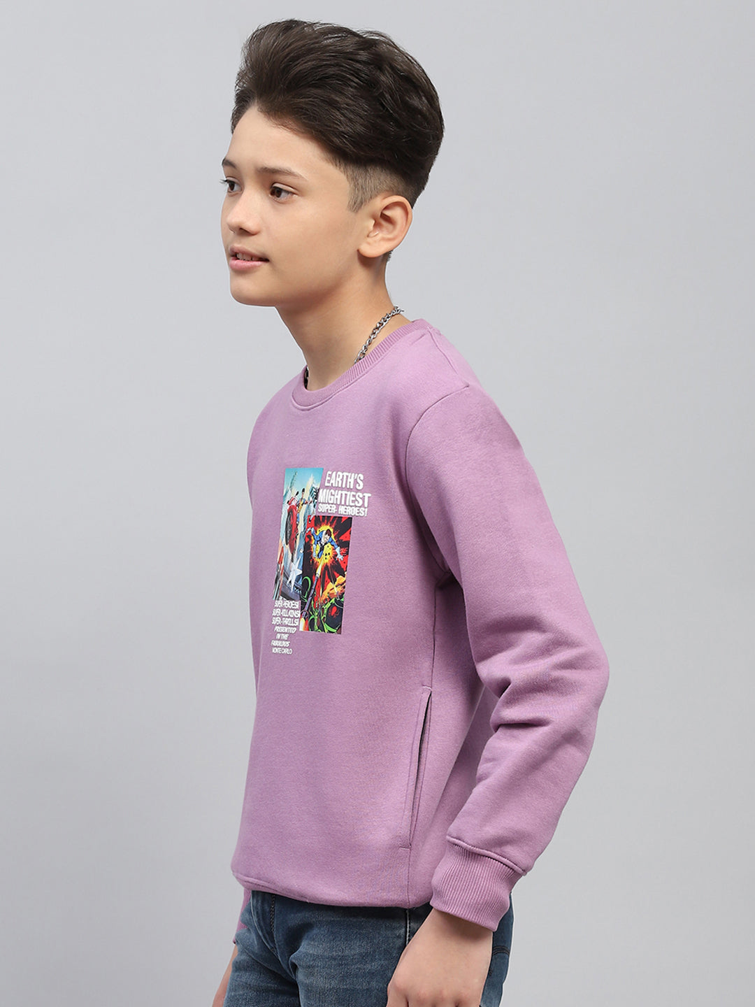 Boys Purple Printed Round Neck Full Sleeve Sweatshirt