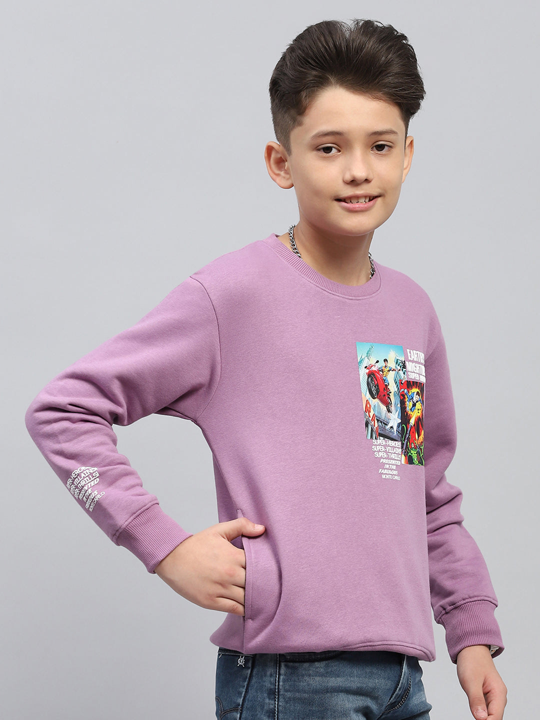 Boys Purple Printed Round Neck Full Sleeve Sweatshirt