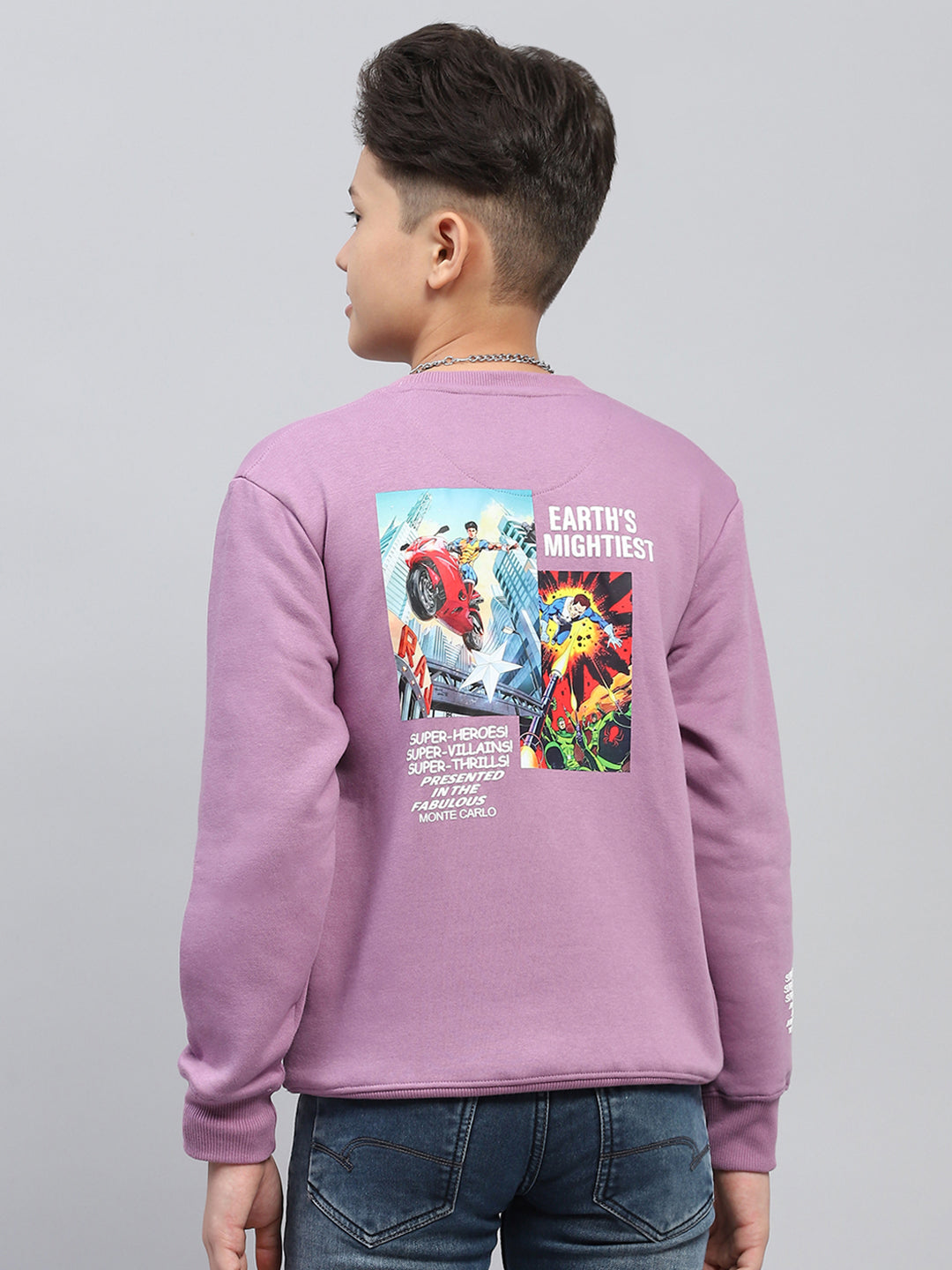 Boys Purple Printed Round Neck Full Sleeve Sweatshirt