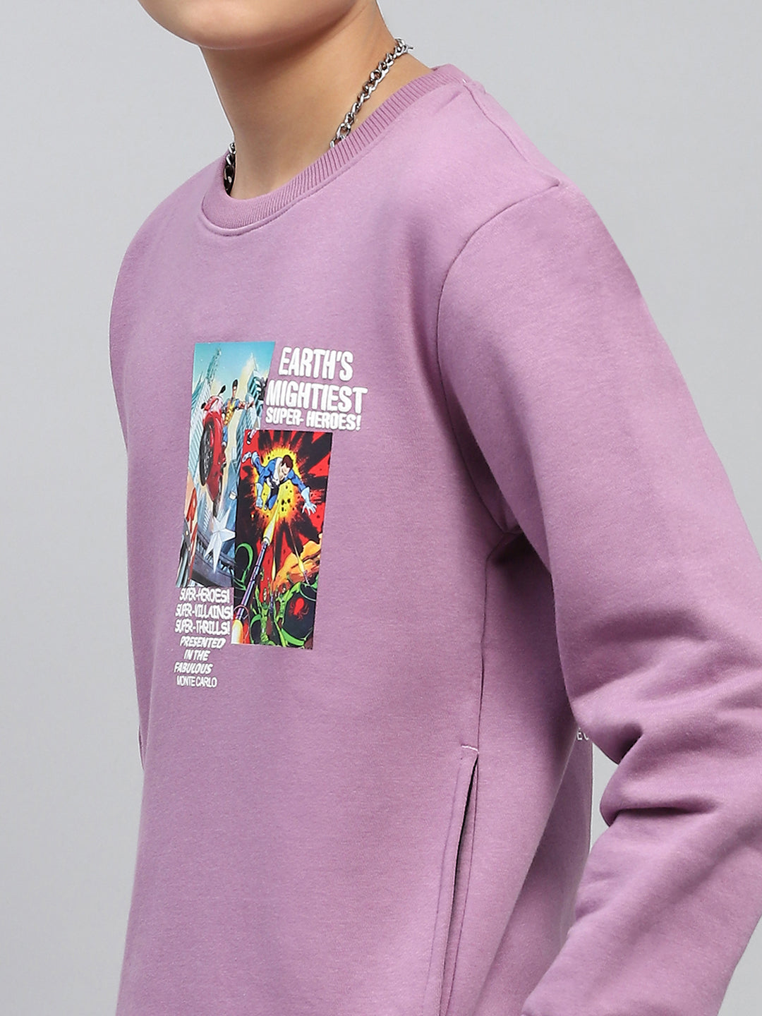 Boys Purple Printed Round Neck Full Sleeve Sweatshirt