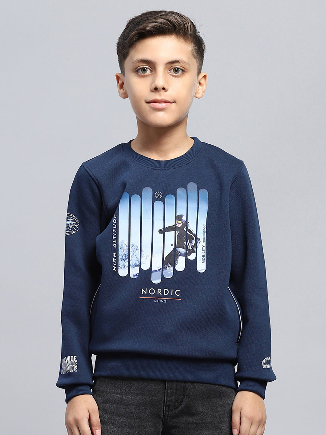 Boys Blue Printed Round Neck Full Sleeve Sweatshirt