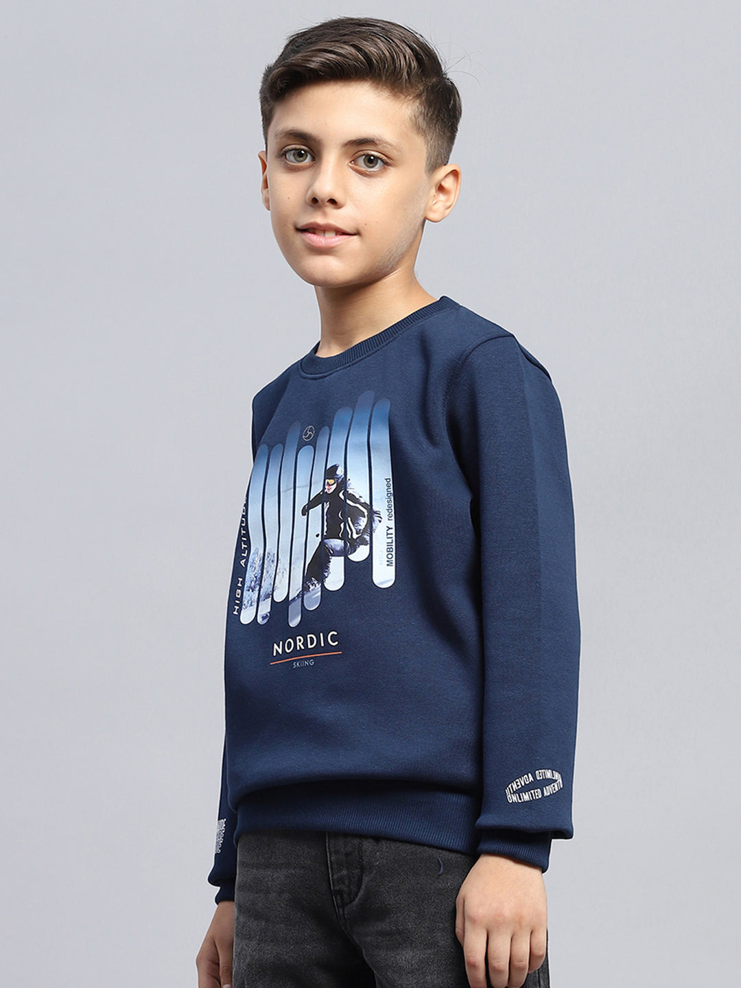 Boys Blue Printed Round Neck Full Sleeve Sweatshirt