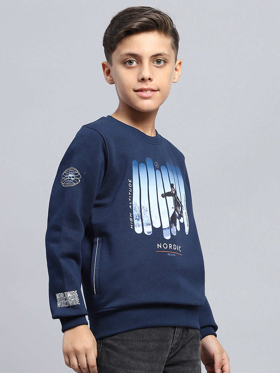 Boys Blue Printed Round Neck Full Sleeve Sweatshirt