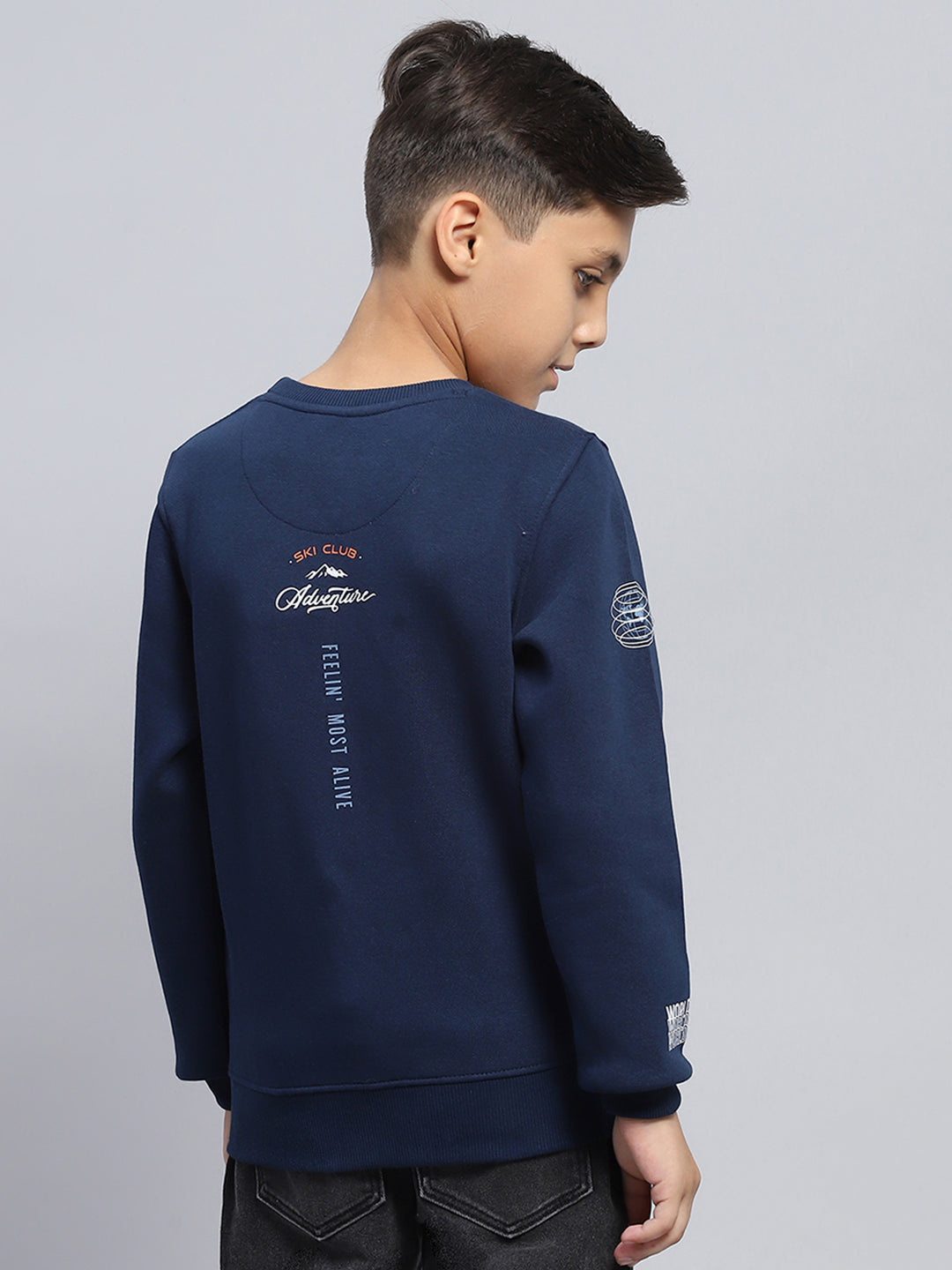 Boys Blue Printed Round Neck Full Sleeve Sweatshirt