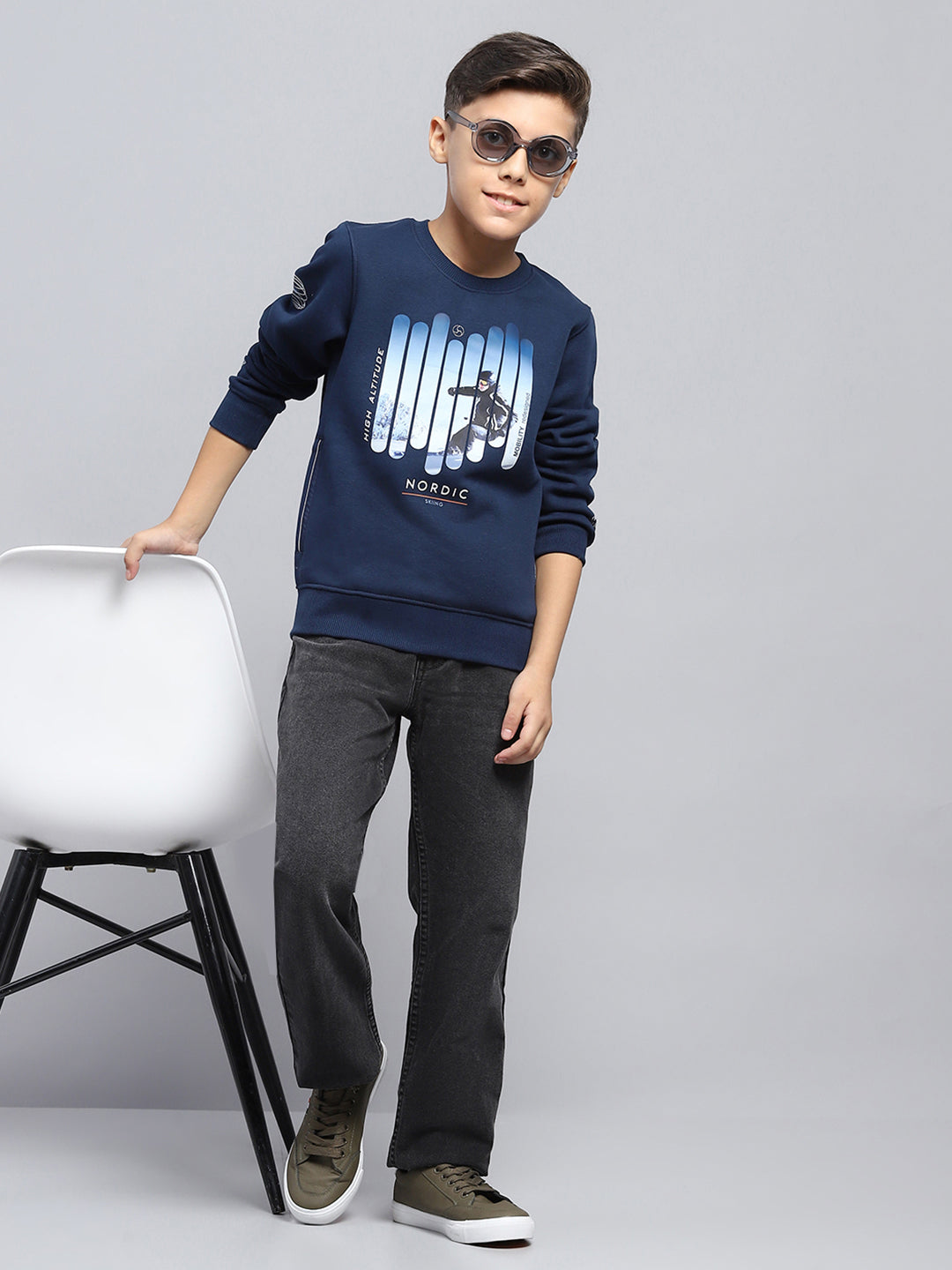 Boys Blue Printed Round Neck Full Sleeve Sweatshirt