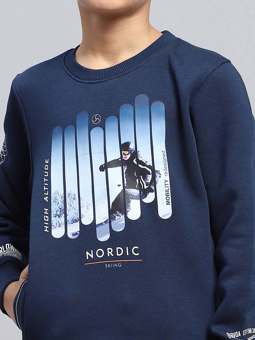 Boys Blue Printed Round Neck Full Sleeve Sweatshirt