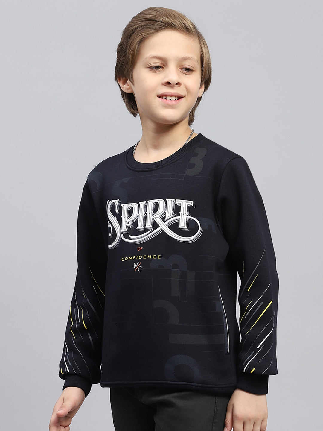 Boys Navy Blue Printed Round Neck Full Sleeve Sweatshirt