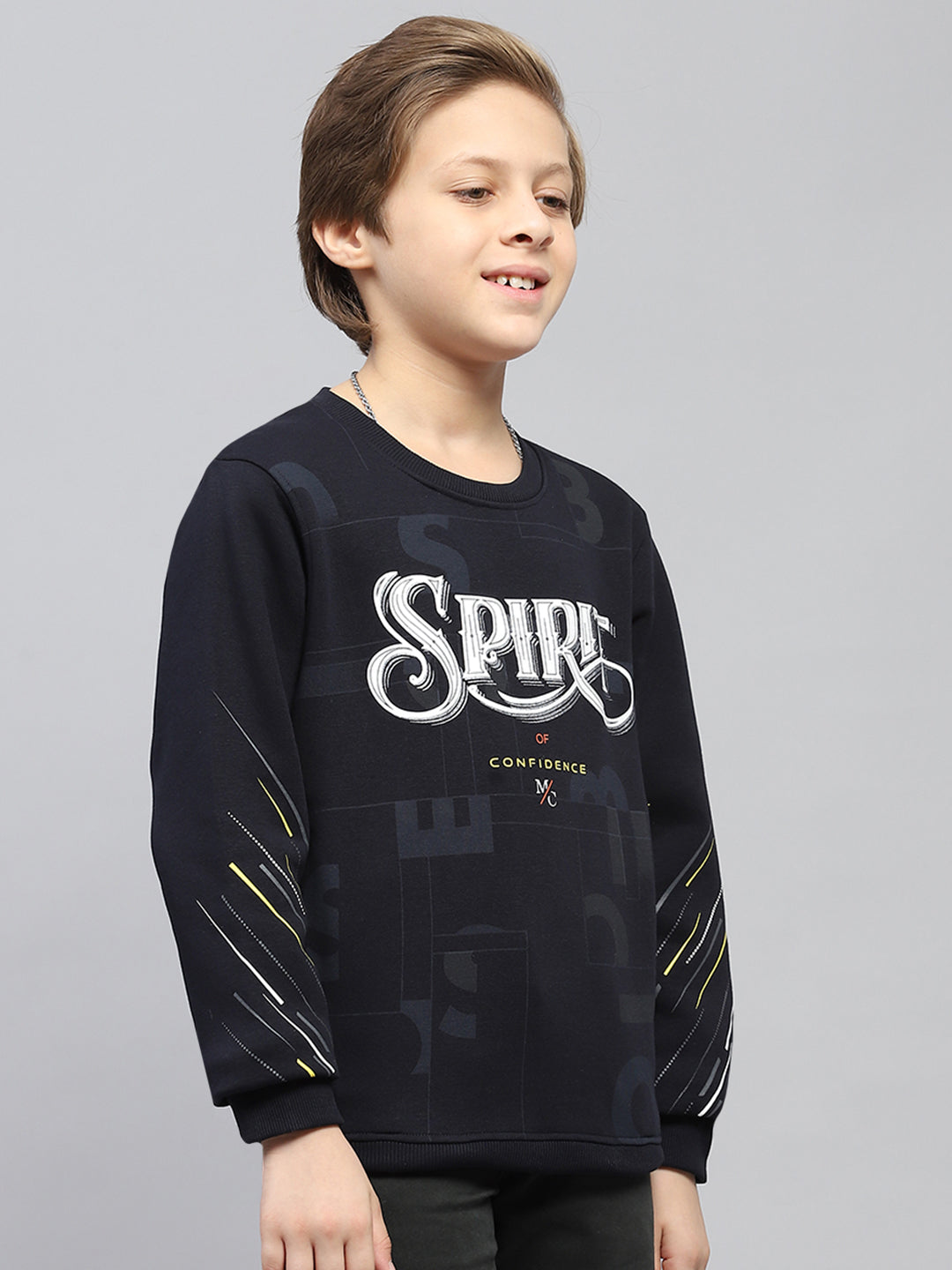 Boys Navy Blue Printed Round Neck Full Sleeve Sweatshirt