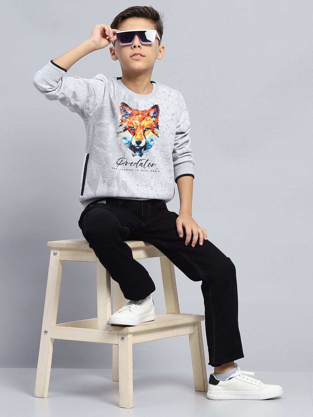 Boys Grey Printed Round Neck Full Sleeve Sweatshirt