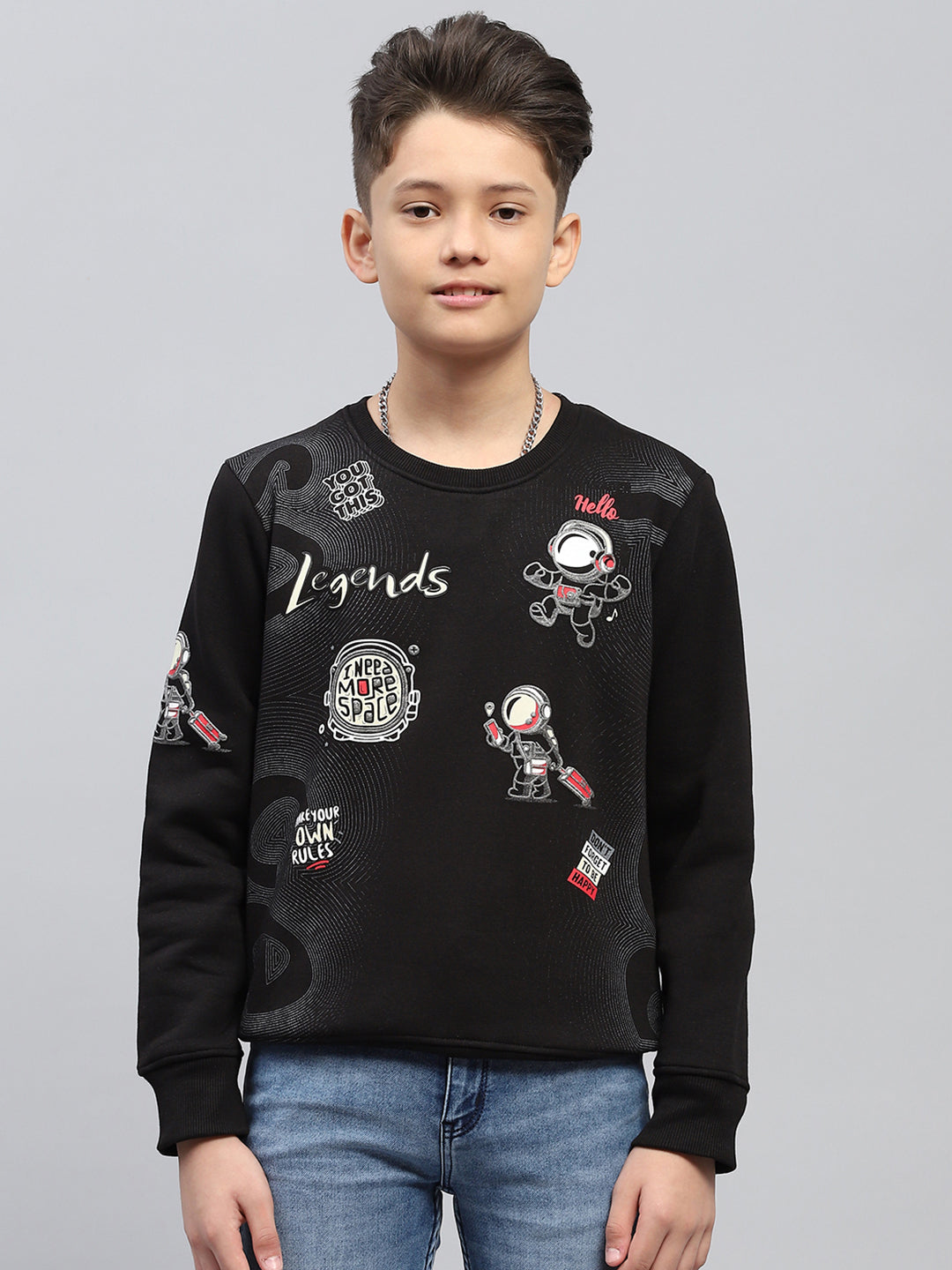 Boys Black Printed Round Neck Full Sleeve Sweatshirt