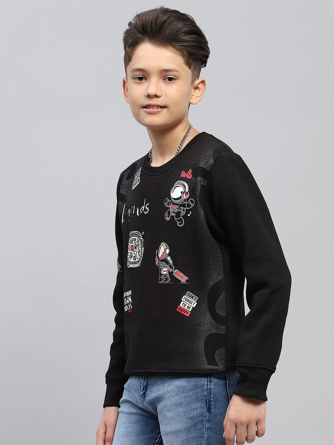 Boys Black Printed Round Neck Full Sleeve Sweatshirt