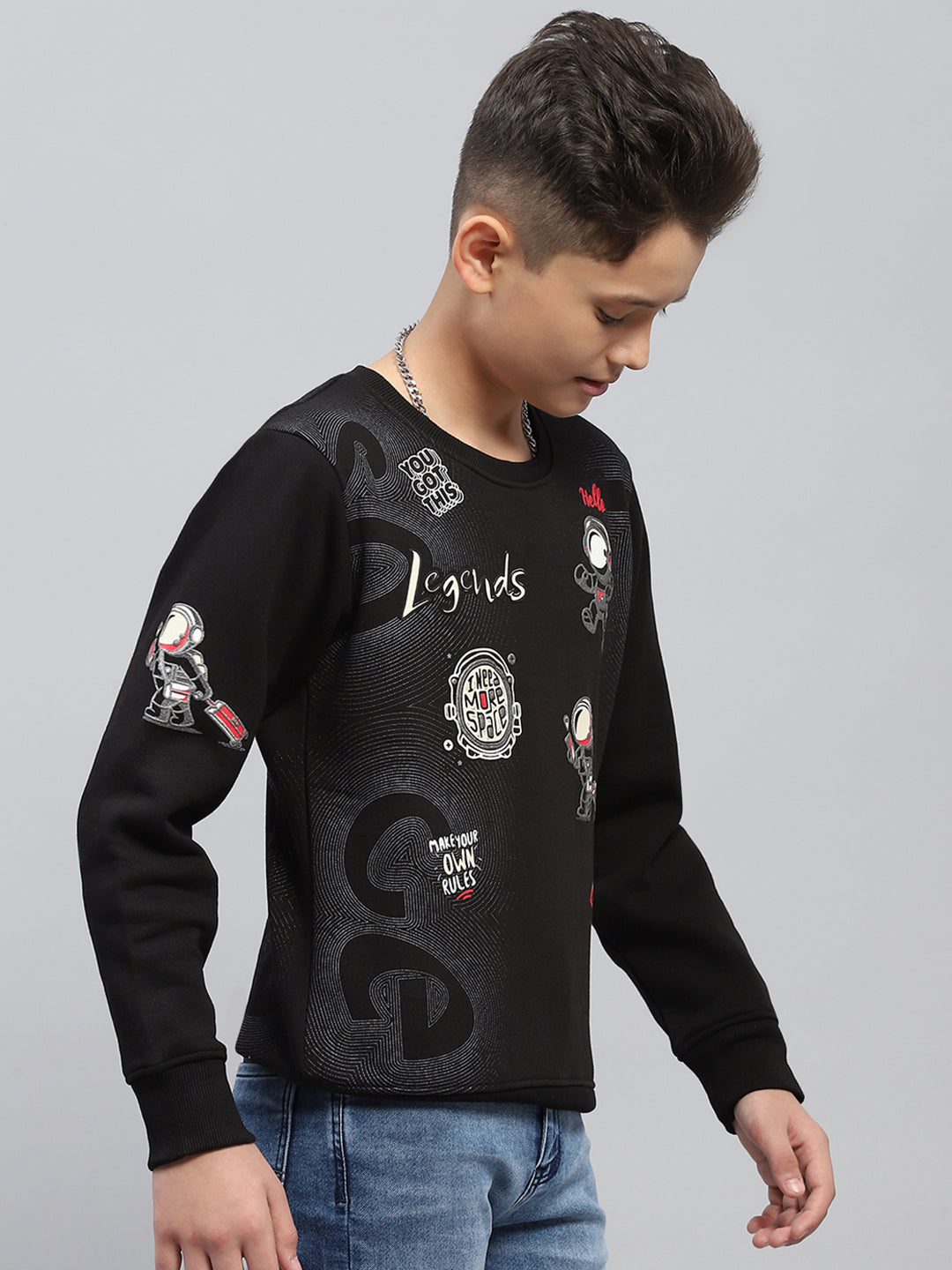 Boys Black Printed Round Neck Full Sleeve Sweatshirt