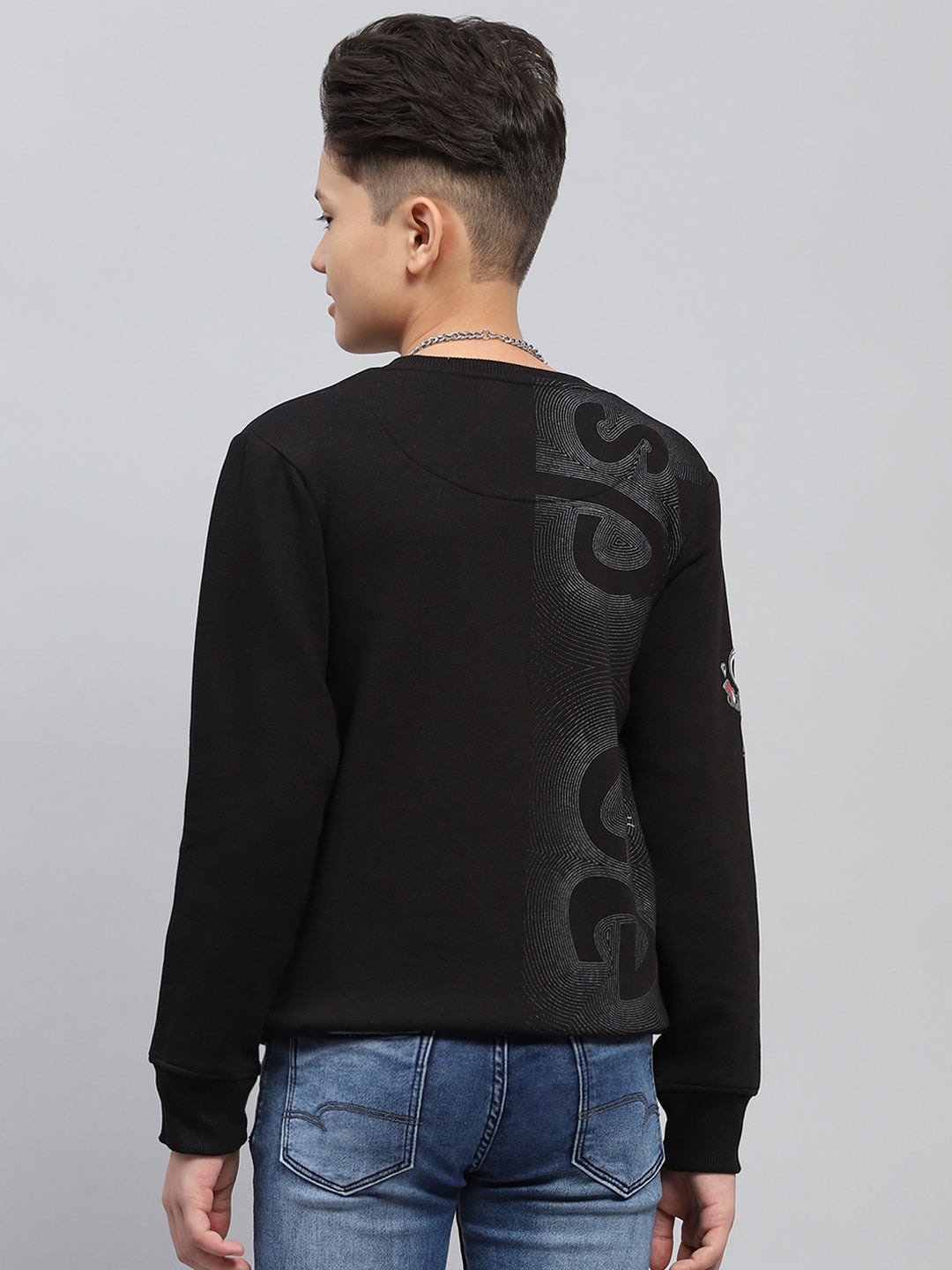 Boys Black Printed Round Neck Full Sleeve Sweatshirt