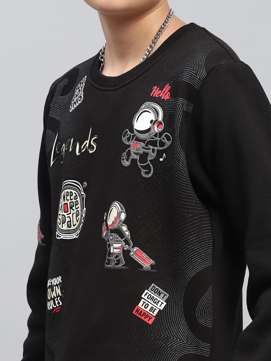 Boys Black Printed Round Neck Full Sleeve Sweatshirt