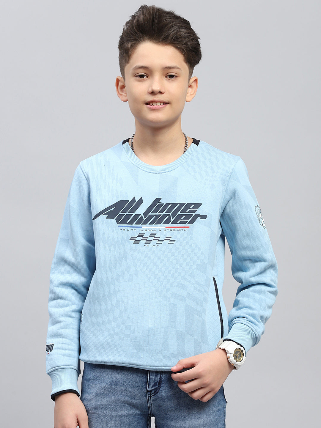 Boys Sky Blue Printed Round Neck Full Sleeve Sweatshirt