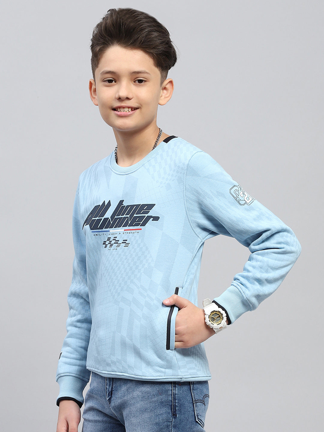 Boys Sky Blue Printed Round Neck Full Sleeve Sweatshirt