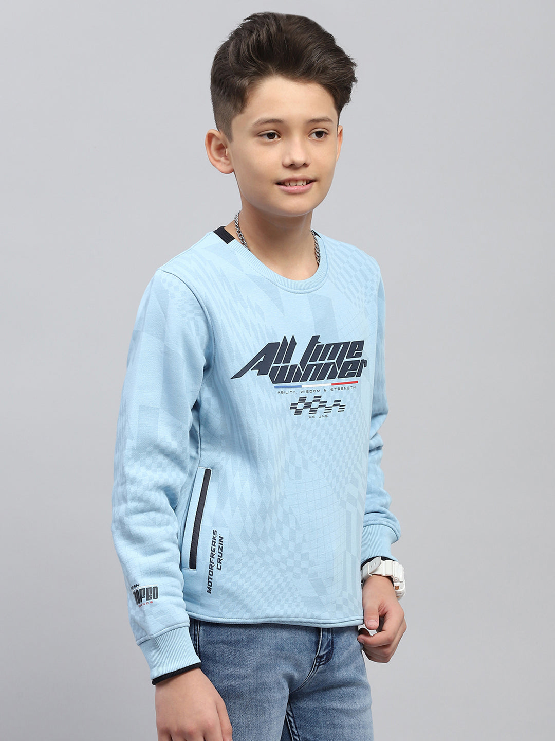 Boys Sky Blue Printed Round Neck Full Sleeve Sweatshirt