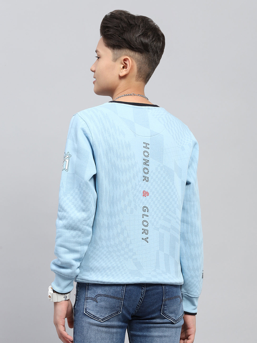 Boys Sky Blue Printed Round Neck Full Sleeve Sweatshirt