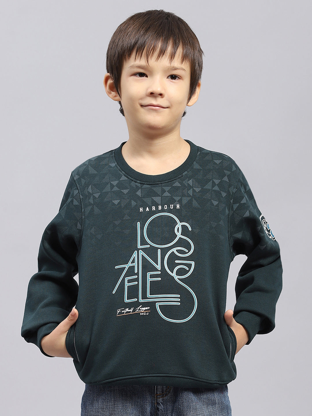 Boys Green Printed Round Neck Full Sleeve Sweatshirt