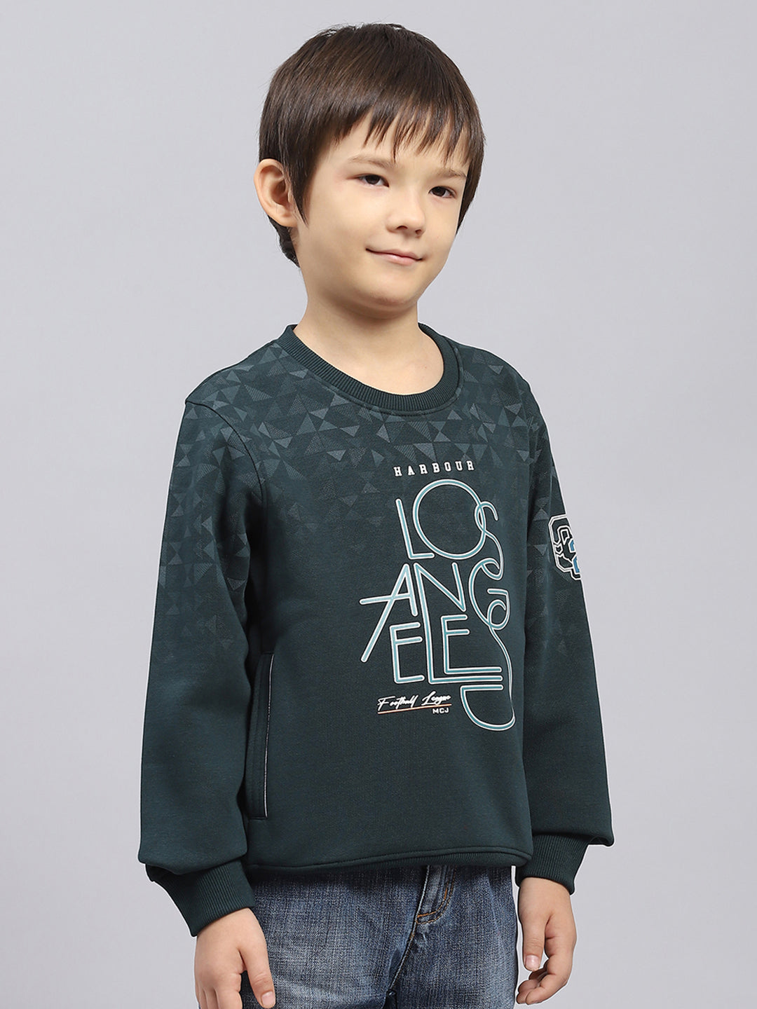 Boys Green Printed Round Neck Full Sleeve Sweatshirt