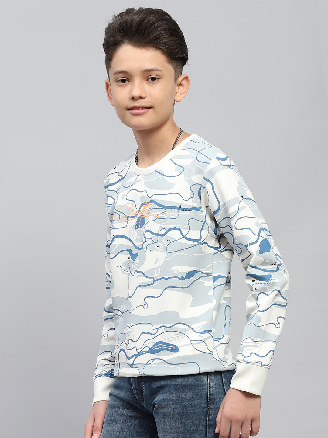 Boys White Printed Round Neck Full Sleeve Sweatshirt