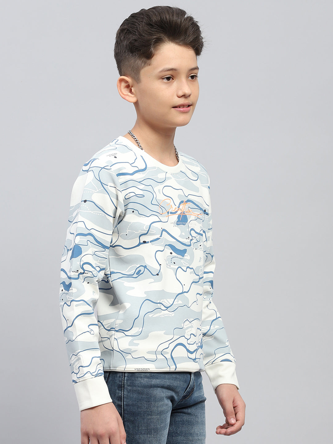 Boys White Printed Round Neck Full Sleeve Sweatshirt