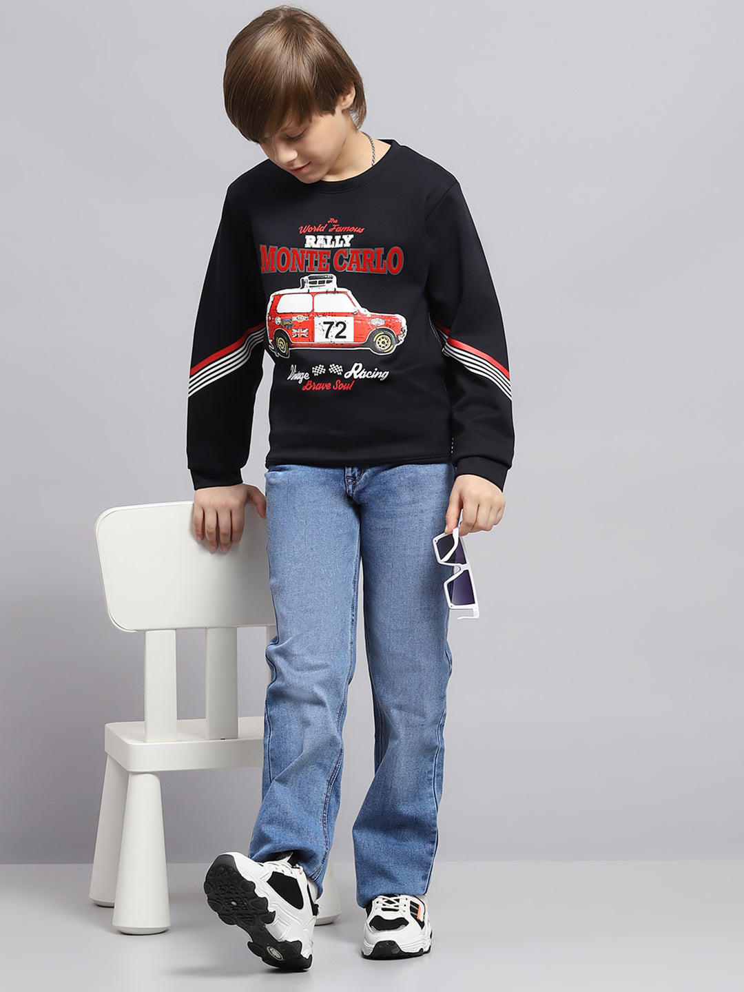 Boys Navy Blue Printed Round Neck Full Sleeve Sweatshirt