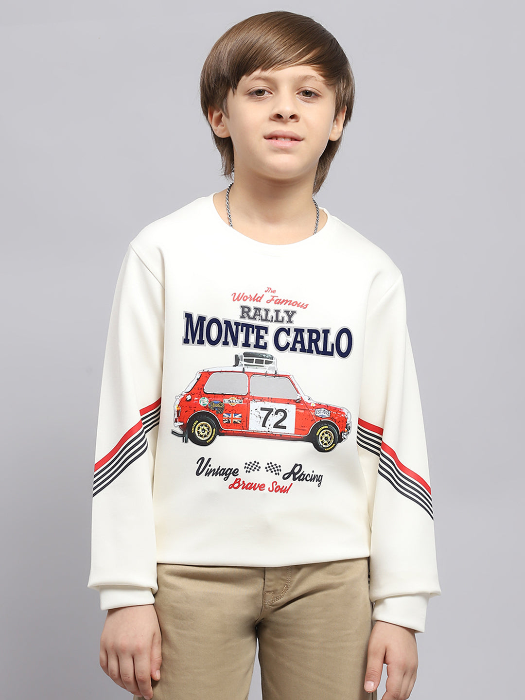 Boys Off White Printed Round Neck Full Sleeve Sweatshirt