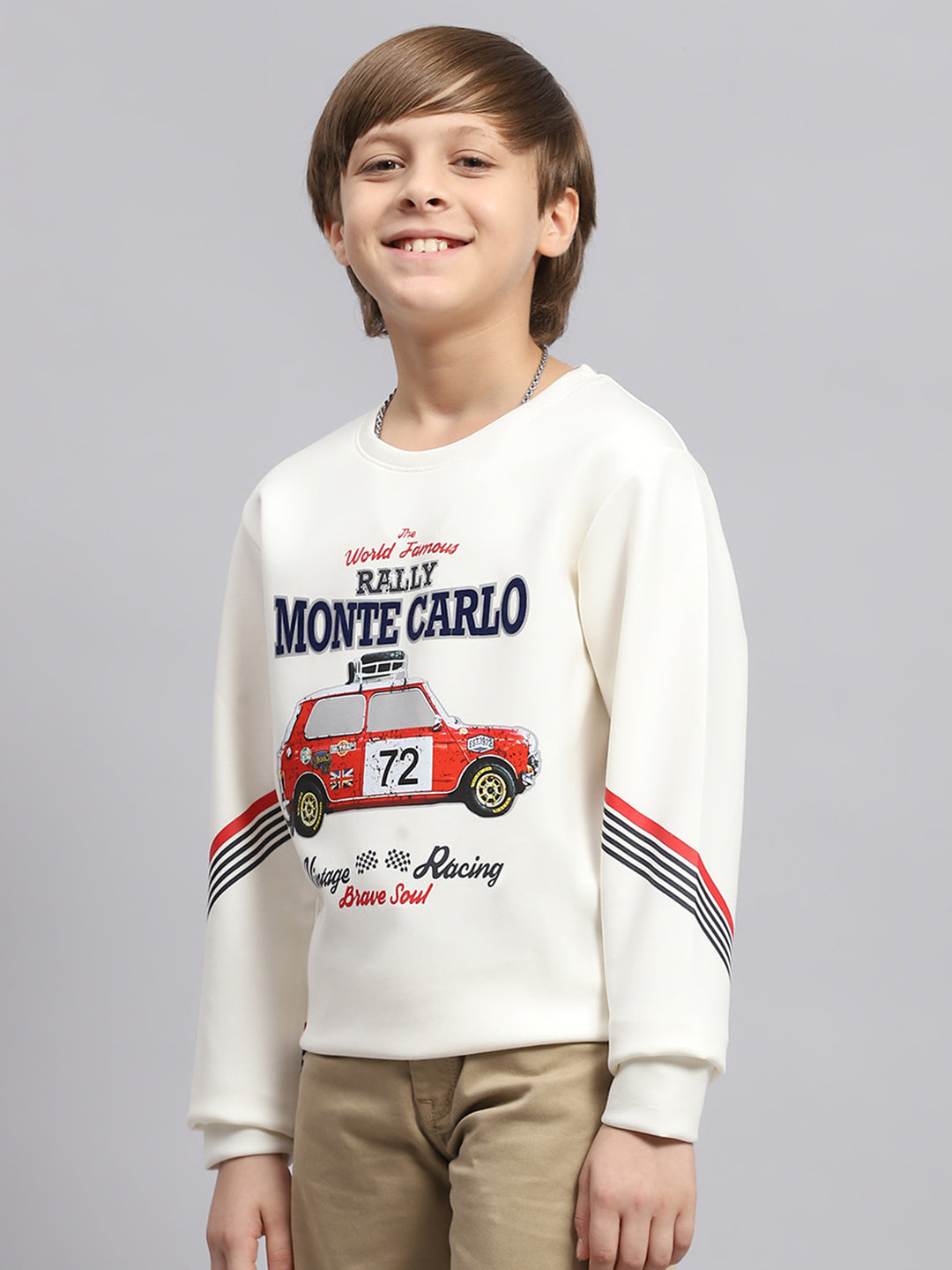 Boys Off White Printed Round Neck Full Sleeve Sweatshirt