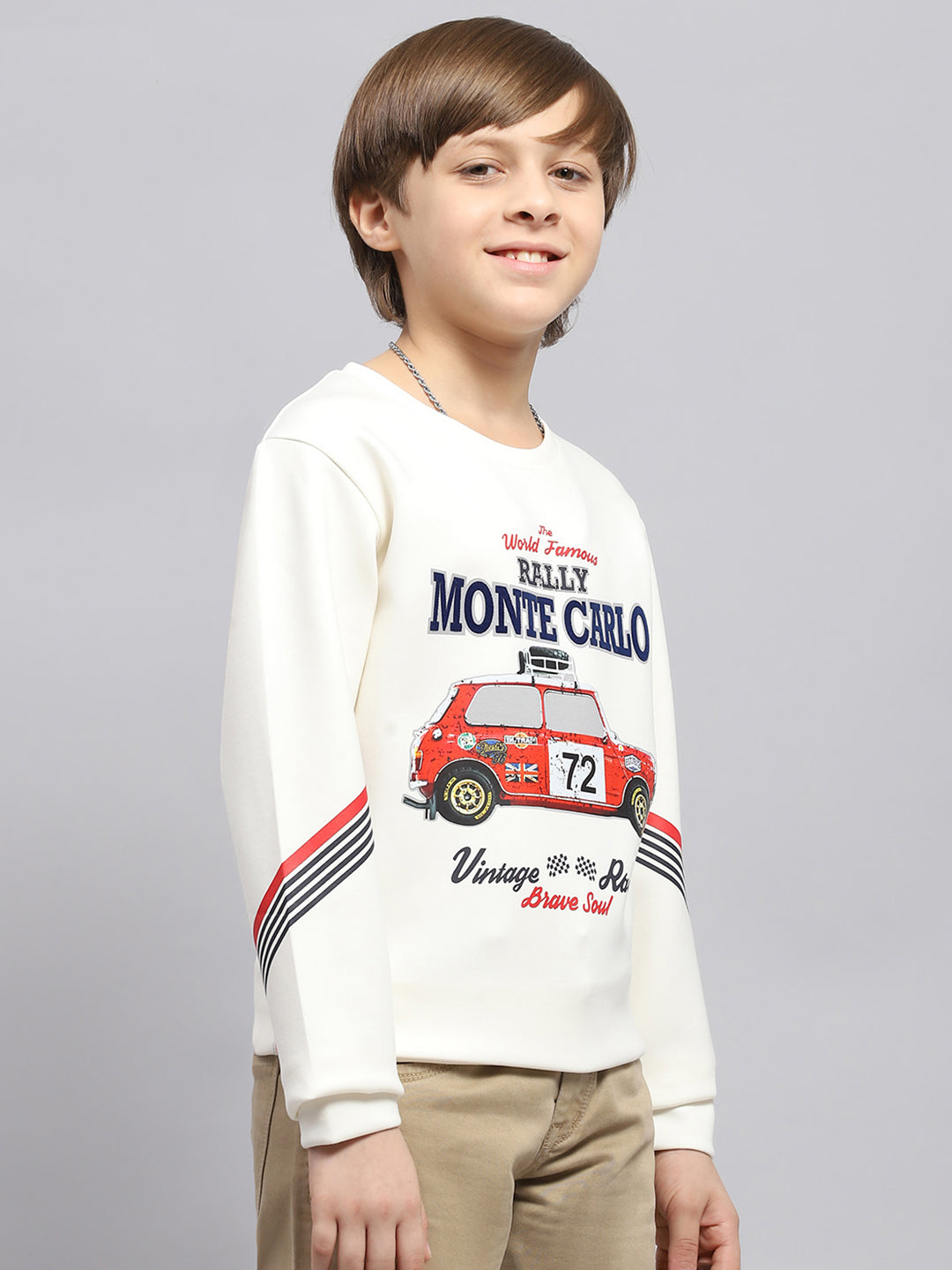 Boys Off White Printed Round Neck Full Sleeve Sweatshirt