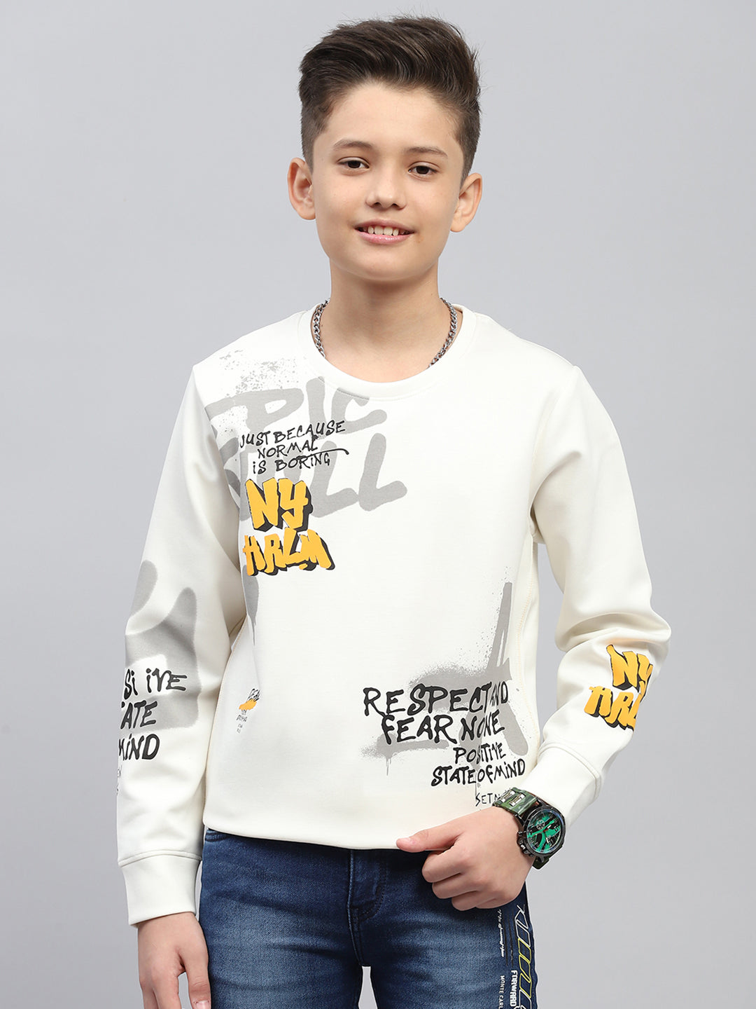 Boys White Printed Round Neck Full Sleeve Sweatshirt