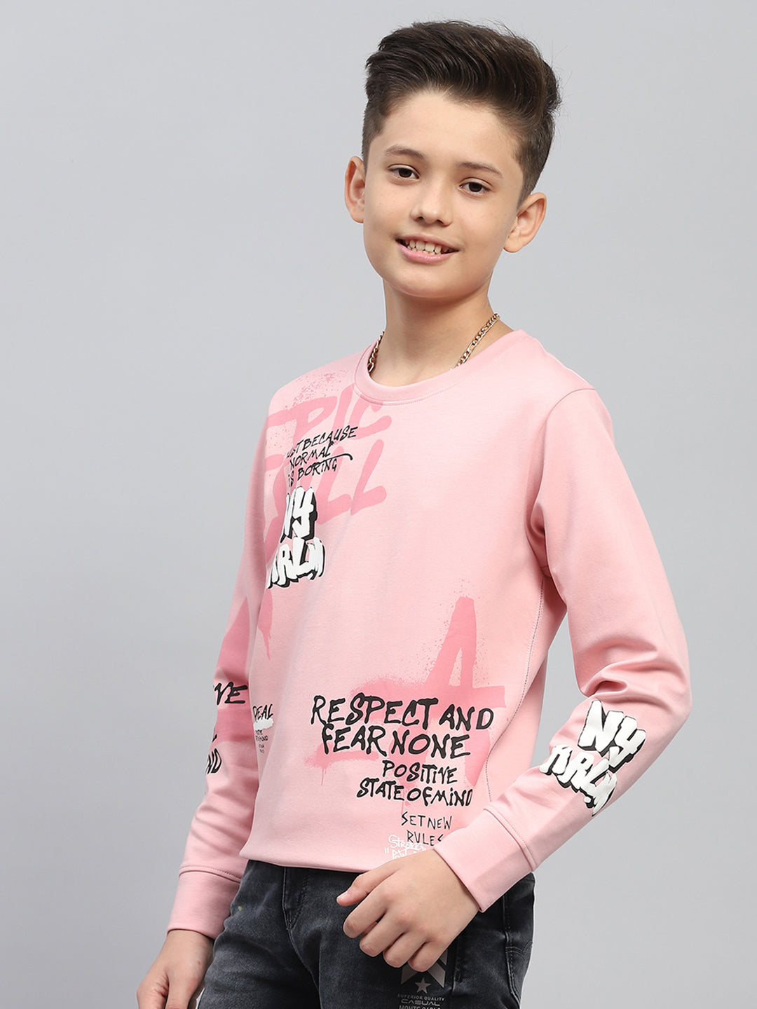 Boys Peach Printed Round Neck Full Sleeve Sweatshirt