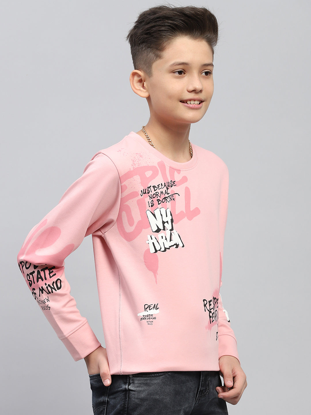 Boys Peach Printed Round Neck Full Sleeve Sweatshirt