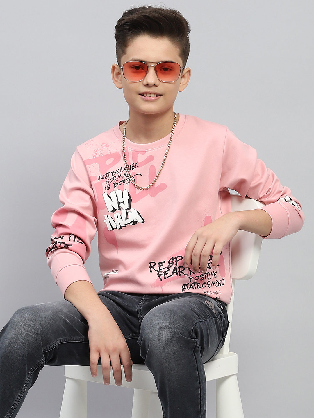 Boys Peach Printed Round Neck Full Sleeve Sweatshirt