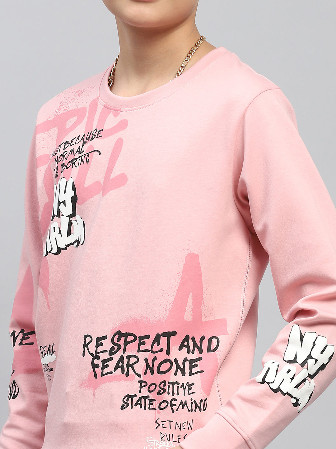 Boys Peach Printed Round Neck Full Sleeve Sweatshirt