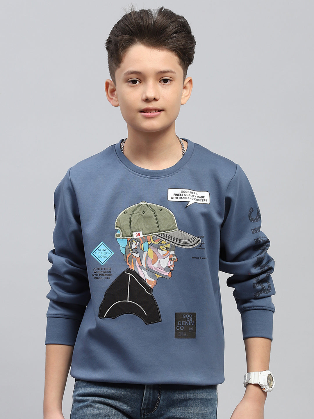 Boys Blue Printed Round Neck Full Sleeve Sweatshirt