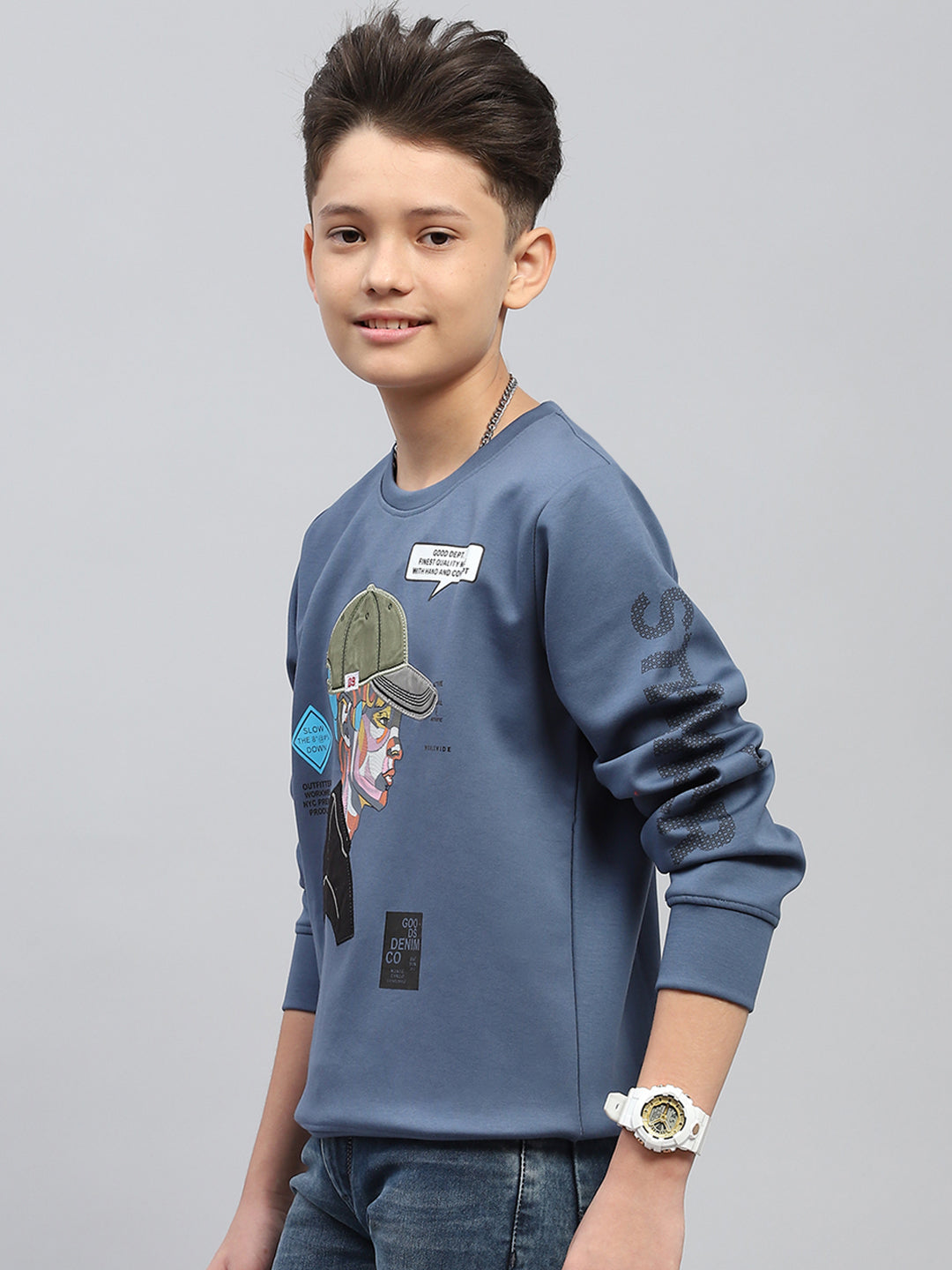 Boys Blue Printed Round Neck Full Sleeve Sweatshirt