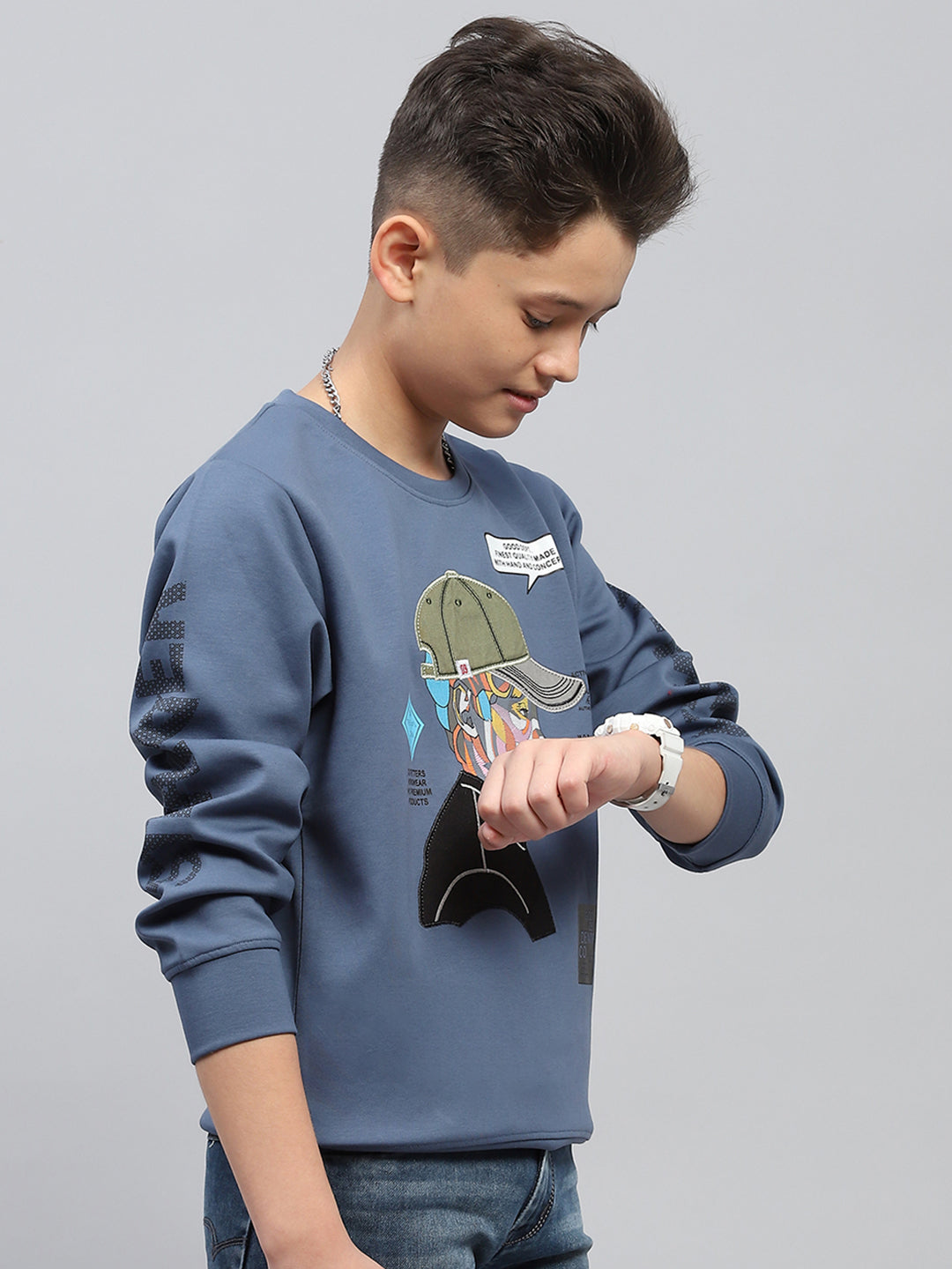 Boys Blue Printed Round Neck Full Sleeve Sweatshirt