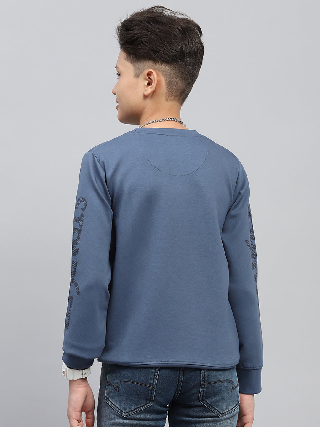 Boys Blue Printed Round Neck Full Sleeve Sweatshirt