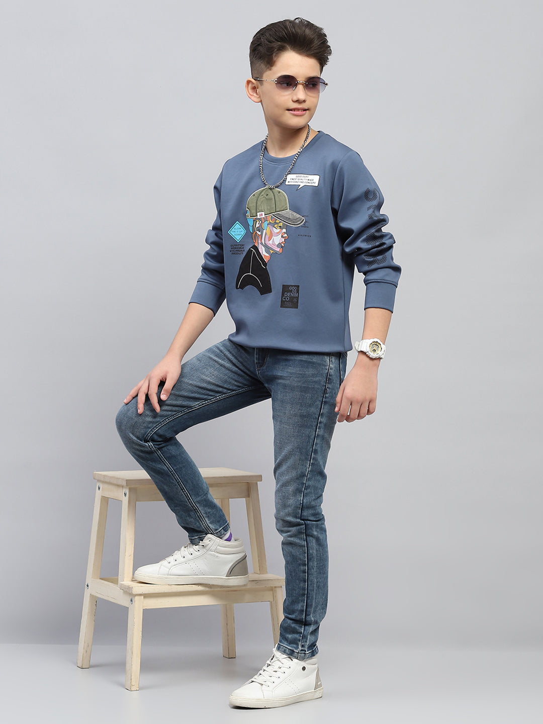 Boys Blue Printed Round Neck Full Sleeve Sweatshirt