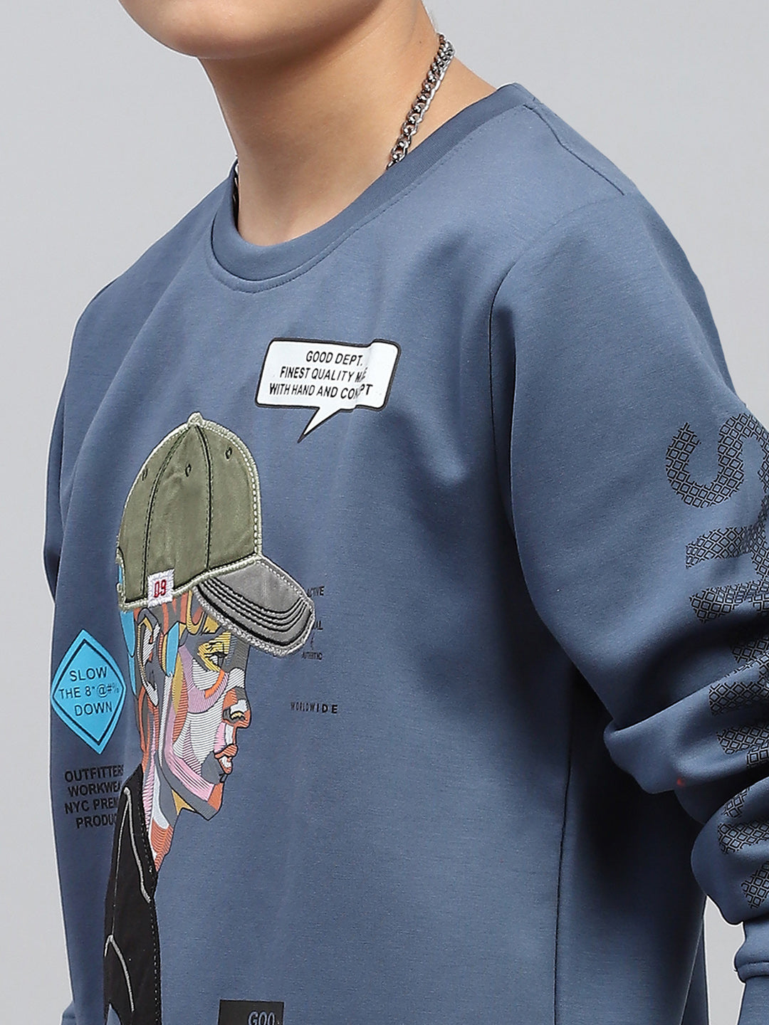 Boys Blue Printed Round Neck Full Sleeve Sweatshirt